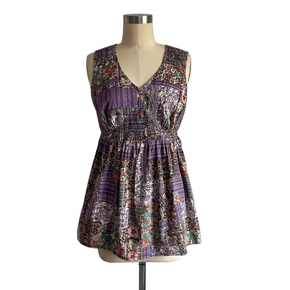 Vintage Grunge Core Floral Babydoll Tank Top. Festival Boho Hippie Tank Top. V-Neck. Sleeveless. Floral Patchwork Mini Dress Top. 90s. Y2K.