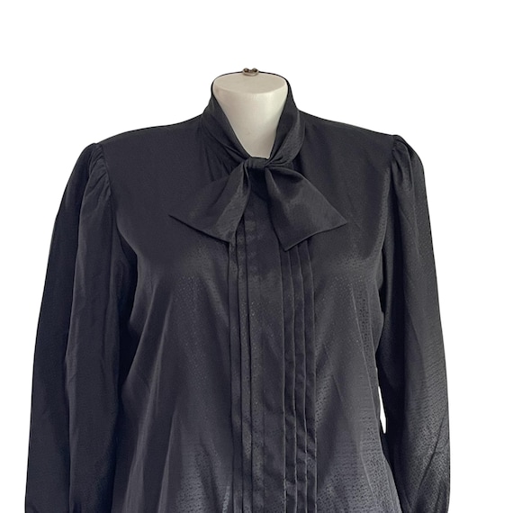 Vintage Shimmery Black Victorian Blouse: Gothic Pleated Top, Neck Ribbon (Size 40)