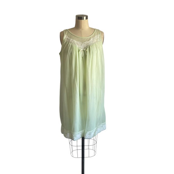 Vintage Berkliff Mint Green Sleeveless Midi Night Gown. Pale Green Mesh and Lace Night Dress. Chiffon Overlay. Encased Lace. 40s. 50s. 60s.