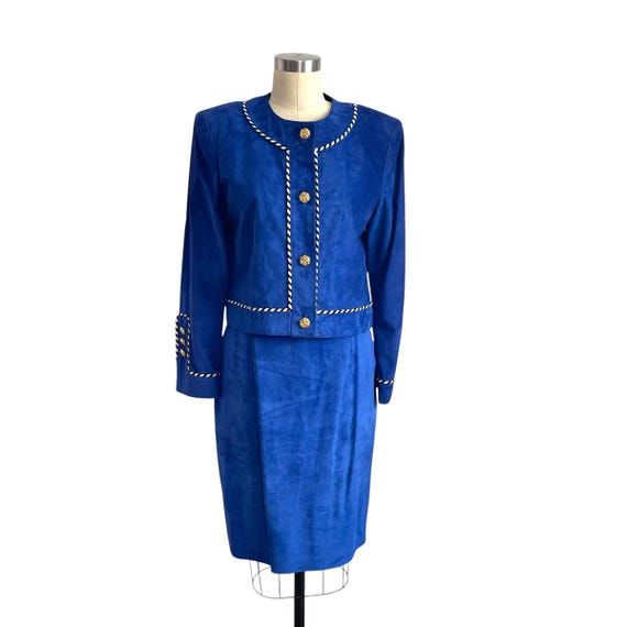Vintage Danier Cobalt Blue Blazer, Skirt, and Belt Set. Blue Velvet Outfit Set. Gold Buttons. Avant Garde Suede Blazer Suit Set. 80s. 90s.