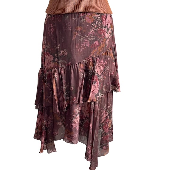 Vintage Floral Silk Tiered Frilly Midi Skirt. Fairycore Flower Print Layered Asymmetrical Skirt. Whimsygoth Midi Skirt. Boho. Hippie. 90s.