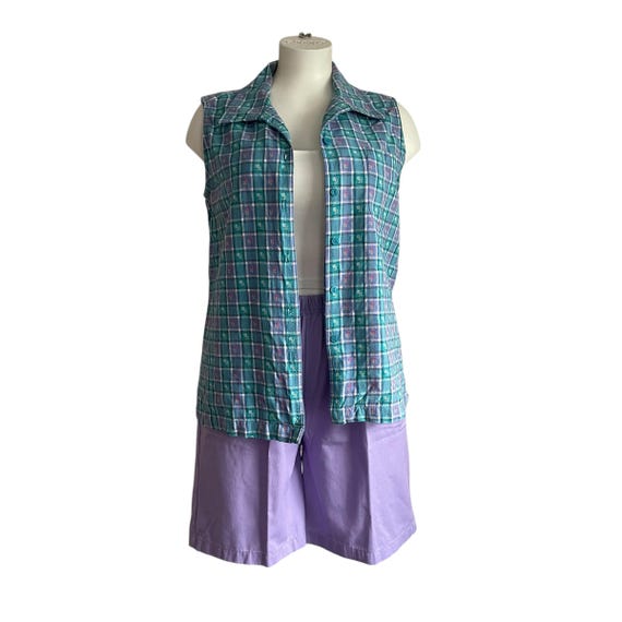 Vintage Cabin Creek Button-Up Sleeveless Button-Up. Petite Cool-Colored Button-Up Plaid Jacket. Farm Girl Plaid Top. 80s. 90s. 00s. Y2K.