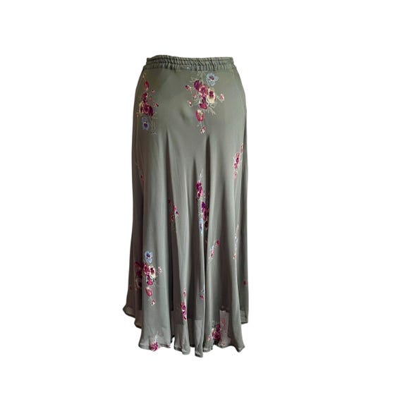 Vintage Sarah Arizona Sage Green Floral Maxi Skirt. Long Multicolor Flower Print Skirt. Elastic Waist. Mesh Overlay. Whimsigoth. Y2K.
