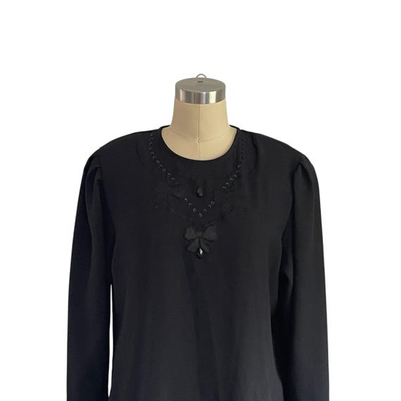Vintage Black Sequin Ribbon Top: Petite Dark Coquette Blouse