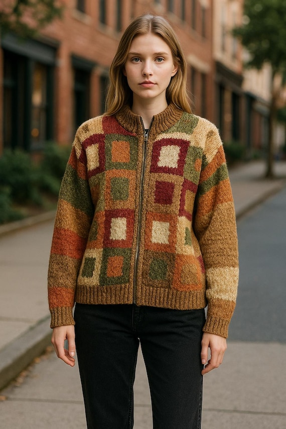 Vintage Patchwork Knit Sweater Jacket. Cottagecore Patchwork Zipper Sweater. Whimsygoth Cardigan Sweater Top. Grungecore Sweater. 80s 90s.