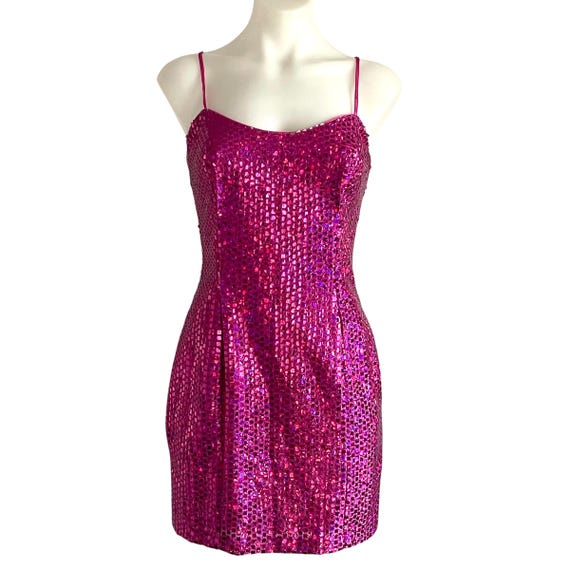 Vintage Hot Pink Sequin Mini Dress. Hot Pink Spaghetti-Strap Party Dress. Bodycon. Hot Fuschia Pink Sequin Bodycon Dress. 90s Club Kid Dress
