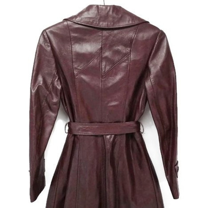70s merlot red belted leather dress vintage trench coat jacket