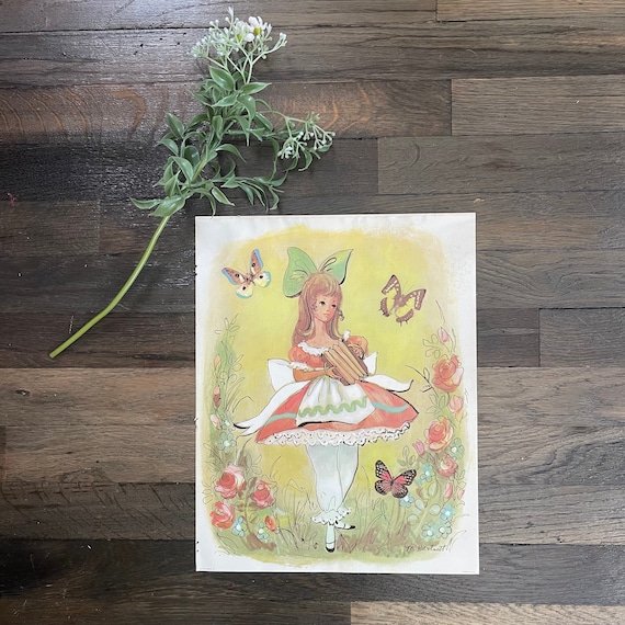 Big Eye Girl Litho. Maggie Hartnett Big Eye Girl Art. Girl In Garden. Butterfly. Garden. Coquette. Hippie Fairy. Balletcore. 60s. 70s. Boho.
