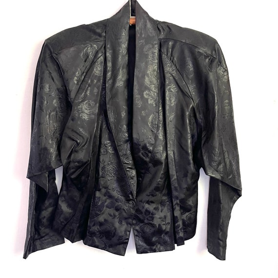 Vintage Black Floral Jacket. Wet Look Floral Draped Party Jacket. Dolman Sleeves. Structure Shoulders. Peplum Waist. Black Jacket. 70s. 80s.