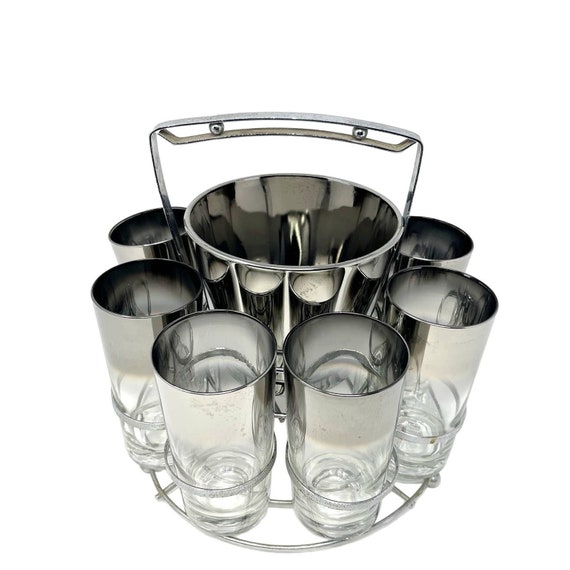 Vintage Mid Century. Silver Ombre Fade Highball Drinking Glasses. Chrome. Queens Lusterware. Dorothy Thorpe. MCM Barware. S|9. 50s. 60s.