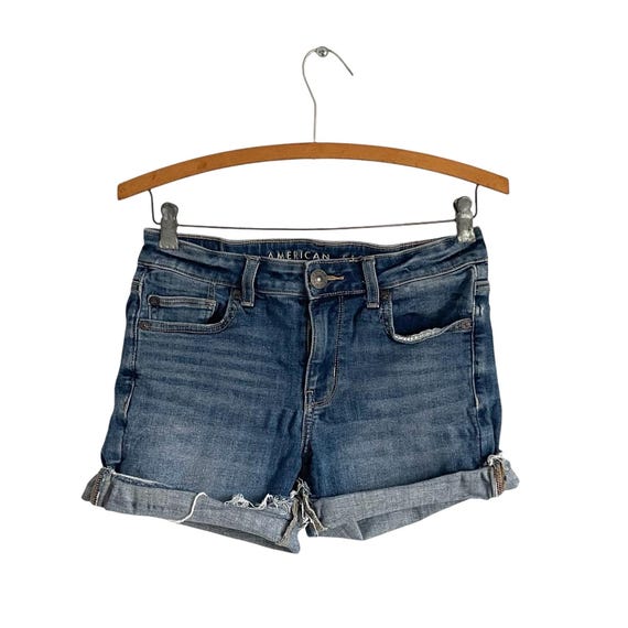 Vintage American Eagle Faded Denim Short Shorts. Dark Blue Ripped Summer Beach Short Shorts. Some Stretch. Casual. Y2K. 2000s. 00s.