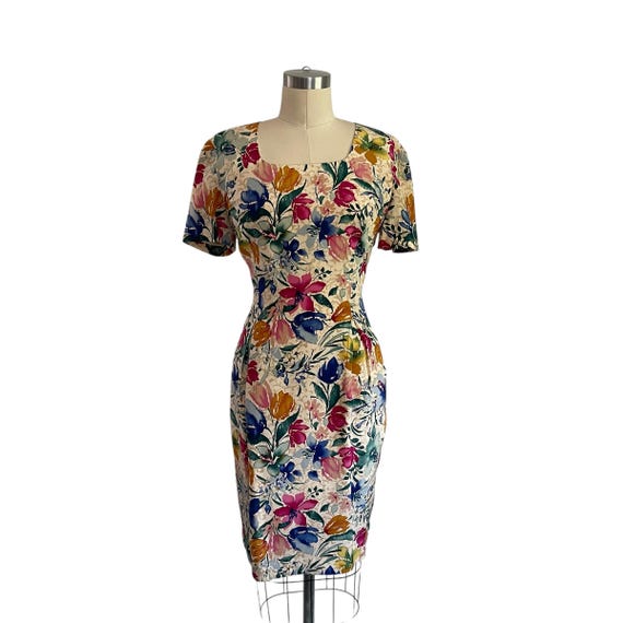 Vintage Maggy London Floral Dress: Silk Blend Bodycon Pencil Dress, Size 6