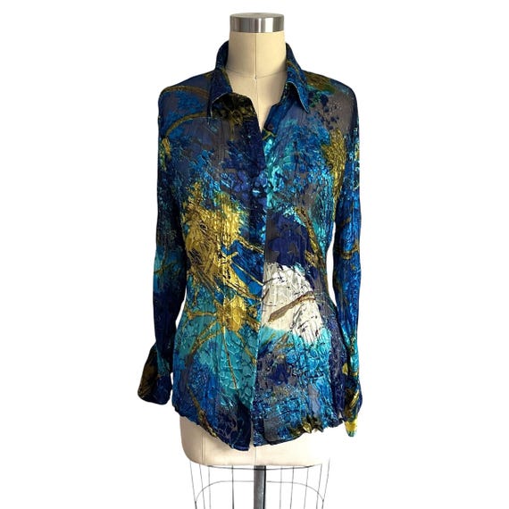 Vintage Anne Giorgio Multicolor Floral Semi-Transparent Button-Up Blouse. Cool-Colored Abstract Floral Blouse. Summer. Beach. 80s. 90s. Y2K.