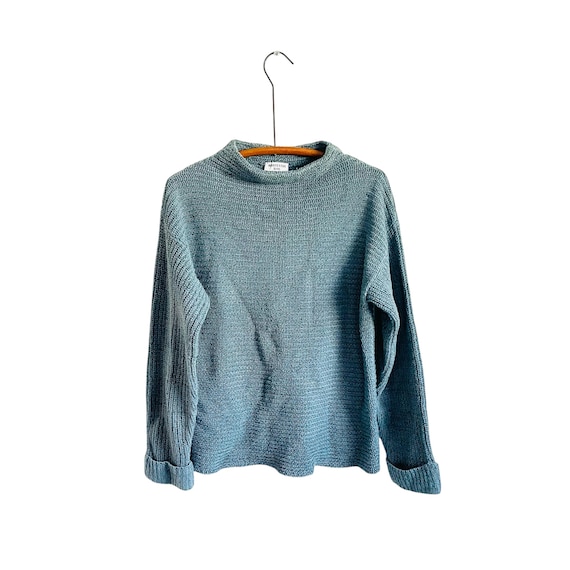 Vintage Whitefish Bay Mock Neck Sweater. Casual Knitted Pullover Sweater. Teal Blue. Cuffed Sleeves. Womens Casual Ribbed Loose Sweater. 90s