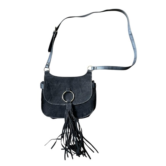 Retro 60s 70s INC International Concepts Black Vegan Suede Crossbody Purse. Goth Faux Suede Crossbody Bag. Fringes. Leather Strap. 90s Y2K.