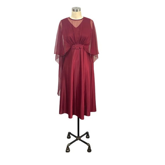 Vintage 60s 70s Burgundy Dress Chiffon Overlay Cape. Merlot Evening Hostess Dress. Flutter Shawl. Floral Waist Pin. V-Neck. 70s. 1970s. 80s.