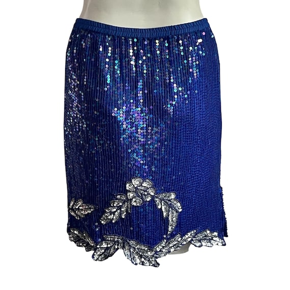 Vintage Royal Blue Sequin Skirt: Beaded Party Skirt, Elastic Waist