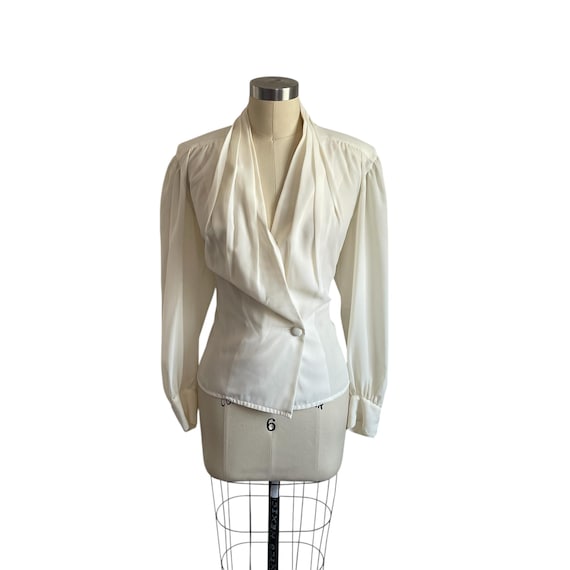 Vintage Chaus Ivory Draped Button-Up Blouse. Cream White V-Neck Drape Blouse. Hidden Waist Buttons. Pleated Draped Neckline. 80s. 90s.