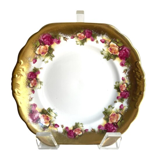 Vintage Royal Chelsea Golden Rose Cake Plate. Gold-Trimmed Floral Collectible Plate. English Bone. Porcelain. Painted. 40s. 50s. 60s.
