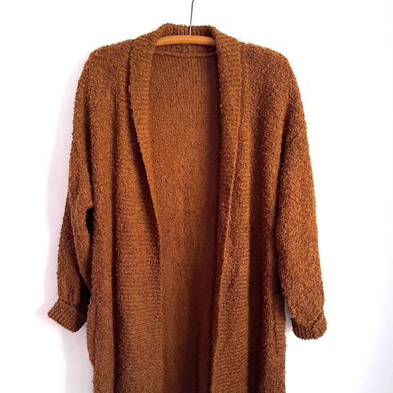 Vintage Boucle Knit Cardigan: Rust Brown Maxi Sweater Jacket (XXL)