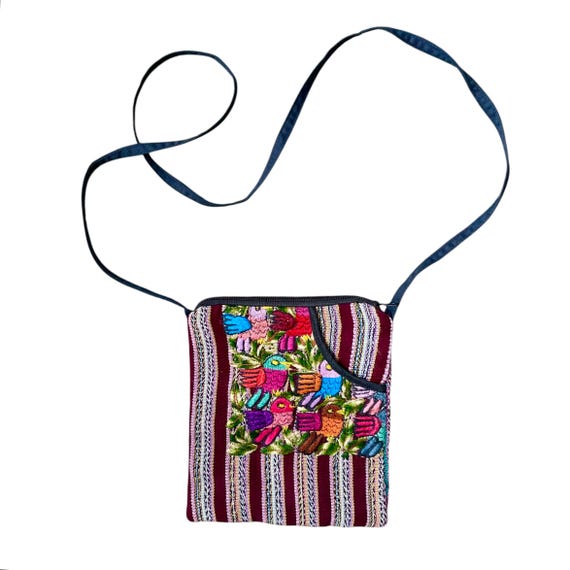 Vintage Embroidered Crossbody Purse. Bohemian. Hippie. Messenger Purse Bag. Striped Purse. 60s 70s 80s. Vegan Purse. Crewel Bird. Boho Purse