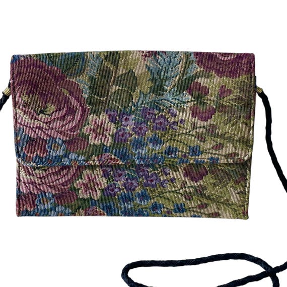 Vintage Shimmery Multicolor Floral Crossbody Clutch. Colorful Needlepoint Flower Purse. Braided Strap. Whimsigoth Fairy Floral Purse Bag.