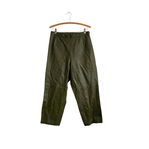 Vintage Jenny Lewis Forest Green Leather Pants. Classic Luxuries Olive Green Leather Pants. Genuine Leather. Stretch Waist. 80s. 1980s. 90s.