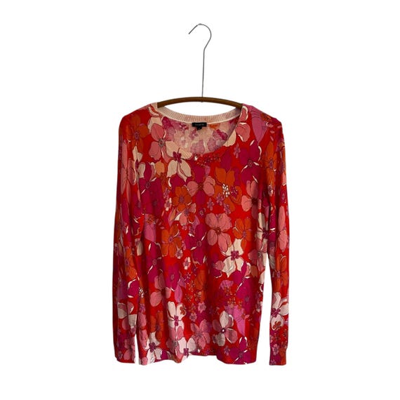 Vintage Talbots Floral Sweater. Red Pink Floral Stretch Print Knit Top. Garden Party Sweater Dress Top.  Scoop Neck Sweater Top. 90s. Y2K.