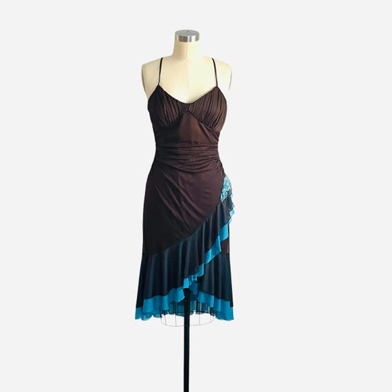 Vintage City Triangles Dress. Hi Lo Ruffle Hem Dress. 90s Y2K 00s Gothcore Dress. Brown Blue Ruffle Hem Dress. Padded Ruched Bust Dress. L.