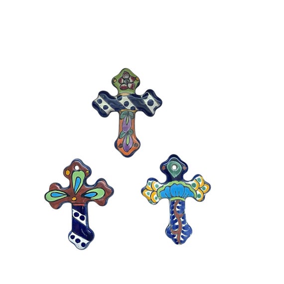 Vintage Talavera Hand-Painted Spanish Cross Pendant Set. Colorful Mexican Cross Pendant Set. Multicolor. Metal. Multiple Patterns. 90s. Y2K.