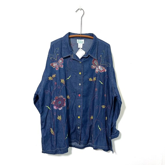 Vintage The Quacker Factory Sequin Beaded Denim Shirt. Oversized Beaded Butterfly Flower Denim Shirt Jacket. Whimsical Hippie. 90s. Y2K. 00s