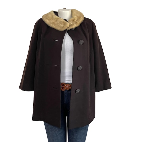 Vintage 60s Chocolate Brown Wool Coat, Mink Collar, Mod Swing Dress