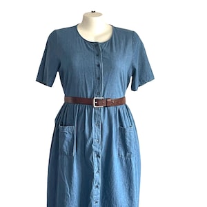 Vintage 80s 90s Weekender Dress. Full Button Front Midi Dress. Front Pockets. Mod Dress. Cottagecore Garden Dress. Vintage Denim Midi Dress.