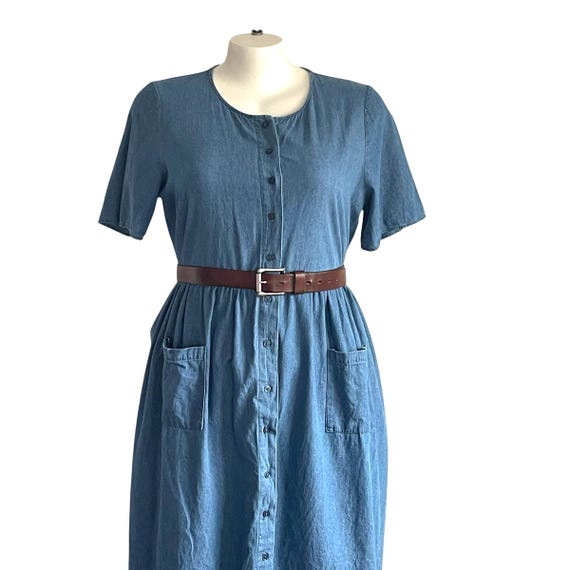 Vintage 80s 90s Weekender Dress. Full Button Front Midi Dress. Front Pockets. Mod Dress. Cottagecore Garden Dress. Vintage Denim Midi Dress.