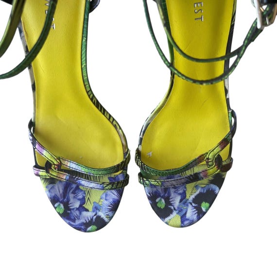 Vintage Nine West Multicolor Collage Ankle Strap High Heels. Colorful Collage Patterned Pep Toe Heels. Tropical. Summer. Y2K. 2000s. 00s.