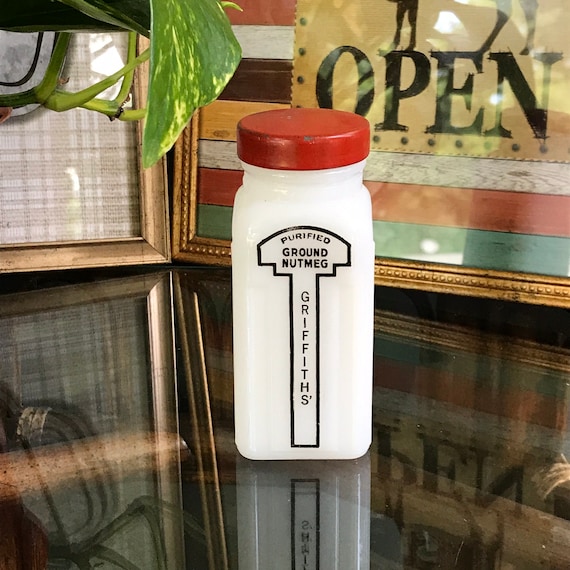 Vintage 50s Griffiths Milk Glass Jar. Vintage Kitchen Apothecary Spice Jar. Ground Nutmeg Storage Jar. 60s 70s Kitchen Storage Container.