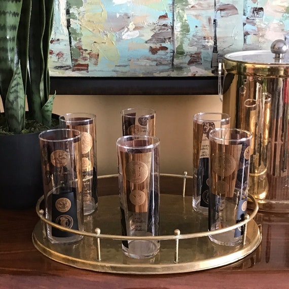 Mid Century Barware. Gold Coin w/Black Tallboy Glasses. 50s 60s Barware. Vintage Barware. Cocktail Glasses. MCM Glassware. Vintage VLV. S|6.