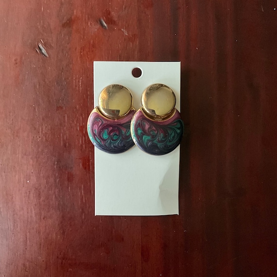 Vintage Big Bold Swirl Paint Dangle Drop Earrings. 80s Glam Earrings. Brass Gold Tone Post Earrings. Enamel. Round Earrings. 80s. 1980s.