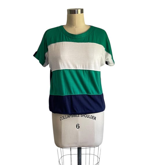 Vintage Chicoru Multicolor Color Block T-Shirt. Tri-Color Polyester Blend Shirt. Short Sleeves. Summer. Sports. 70s. 80s. 1970s. 1980s.