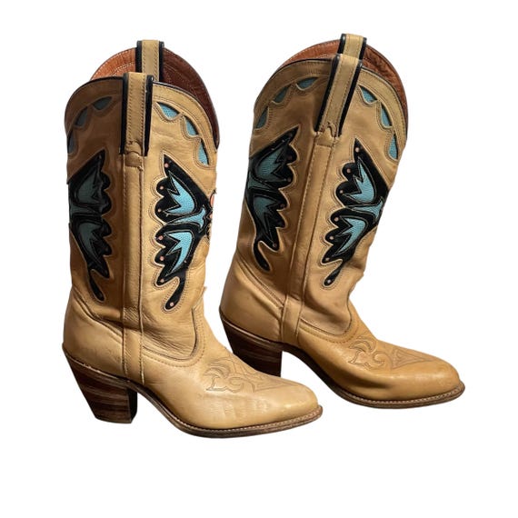 Vintage Miss Capezio Britney Teal Tan Butterfly Boots. Britney Style Leather Cowgirl Boots. Western. Hippiecore. Boho core. Y2K. 2000s. 00s.