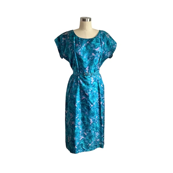 Vintage 50s 60s Silk Floral Maxi Dress w/Belt. Watercolors Floral Dress. Womens Silk Cocktail Party Dress. Pin Up Glam. VLV Party Dress.