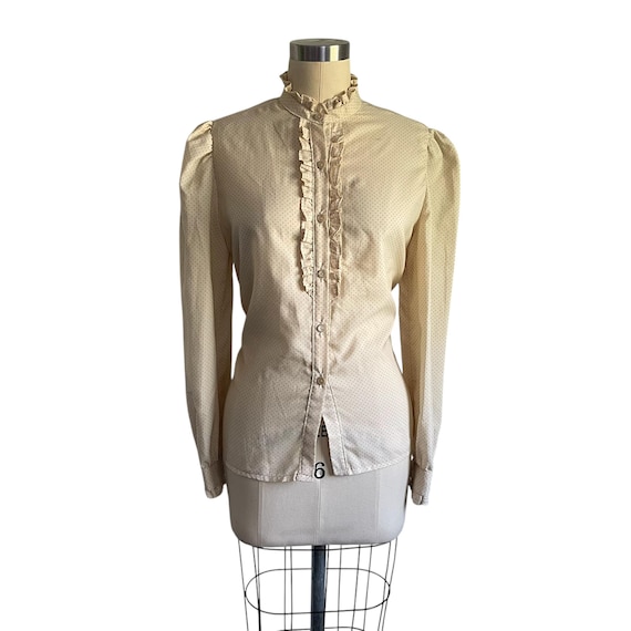 Vintage Ivory-Beige Dotted Ruffled Button-Up Blouse. Dotted Long-Sleeved Cottagecore Top. Small Dark Dots. Prairiecore. 60s. 70s. 80s.