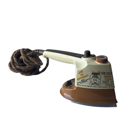 Vintage Sunbeam Beige and Brown Variable Shot of Steam Iron. Two-Color Portable Travel Iron. Variable Control. Hand-Held. 70s. 1970s.
