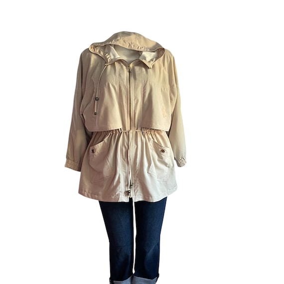 Vintage Peplum Hooded Trench Coat: Womens Beige Rain Jacket