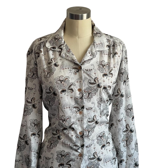 Vintage 80s Paisley Blush Gray Button-Up Blouse. Colorful Boho Hippie Button-Up Shirt Top. Abstract Boho Patterns. 80s. 90s. Womens Blouse.