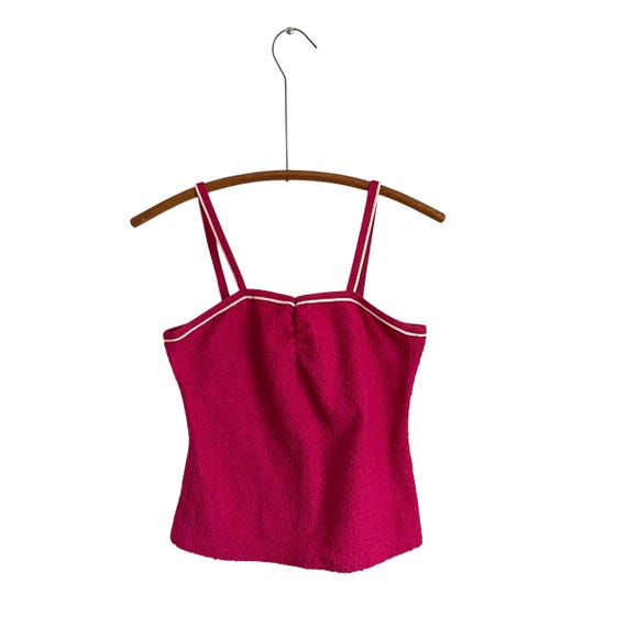 Vintage Fuschia Pink Spaghetti-Strapped Tank Top. Whimsigoth Terry Cloth Cami Top. White Striping Straps. Summer. Casual. 60s 70s 80s.