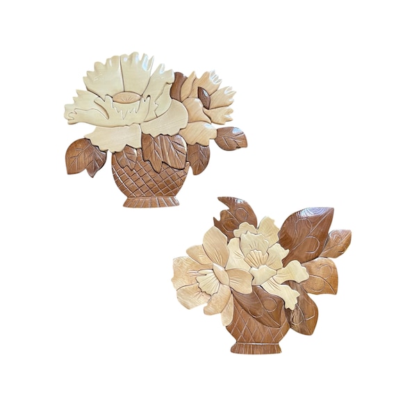 Vintage Floral Wood Wall Art Decor Pair. Hawaiian Wood Flower Wall Art Plaques. Kona Polished Carved Wood. Wood Art. Cottagecore. 70s. 80s.