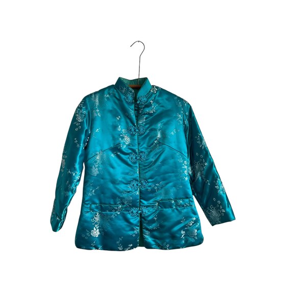 Vintage Qipao Blazer Jacket. 50s 60s Teal Floral Blazer Jacket. Puffy Blazer Jacket. Cheongsam Floral Blazer Jacket. 60s Mod Satin Blazer.