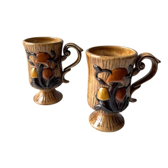 Vintage Glossy Mushroom Pottery Mug Set. Small Multicolor Retro Mushroom Cup Set. Hand-painted. Arnels. Signed. Collectible. Spring. 80s.