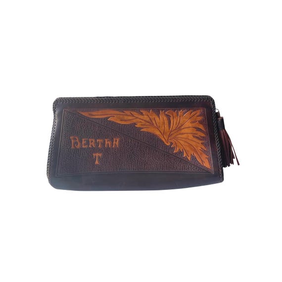 Vintage Brown and Tan Leather Leaf Clutch Purse. Monogrammed Leather Embossed Clutch. Boho Hippie Tooled Leather Clutch Bag. 60s 70s. 80s.